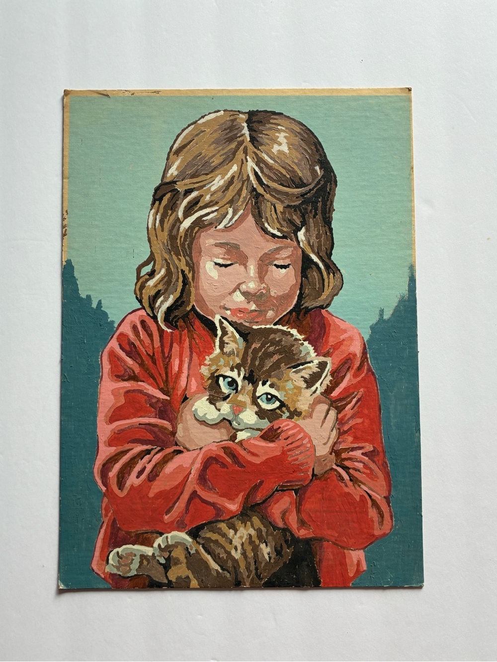 Vintage Art Paint by Number on Board Girl Holding Kitten Unframed 10x14